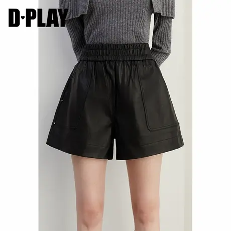 DPLAY秋季新品气质通勤黑色松紧腰哑光pu皮短裤裤子女商品大图