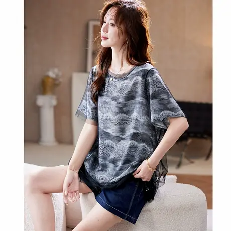 宝诗黎【新品价198元】网纱蕾丝拼接短袖T恤AAL1090图片