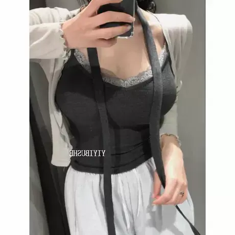 现货 东大门PJ306撩而不自知 纯欲风蕾丝边显身材小吊带 送飘带商品大图