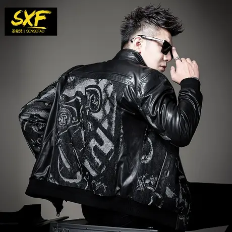 SXF圣希梵皮衣男真皮 拼接牛仔机车翻领外套新款夹棉潮男士皮夹克图片