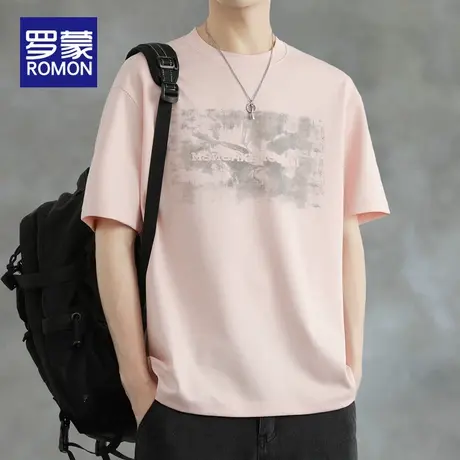罗蒙男士短袖T恤夏季薄款2025新款冰丝圆领宽松潮牌印花体恤男款图片