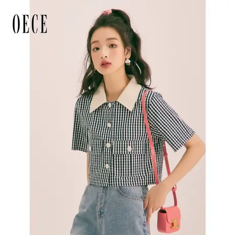 Oece复古格纹衬衫夏季新款女装高级感撞色气质短袖上衣小个子商品大图