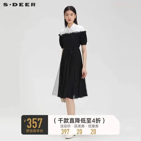 sdeer圣迪奥女装网纱木耳边收腰衬衫连衣裙S232Z1258商品大图