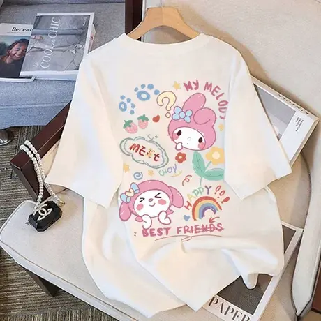 白色短袖t恤女夏季2024新款爆款卡通体恤宽松大码显瘦小个子上衣图片