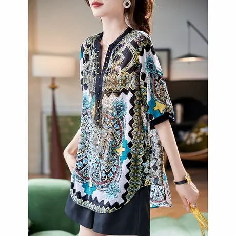 宝诗黎V领烫钻印花五分袖雪纺衫2025夏季宽松气质时尚百搭小衫女商品大图