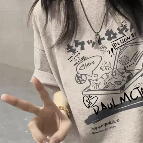 日系学院动漫猫咪正肩短袖t恤女2025春夏季宽松百搭半袖灰色上衣商品大图