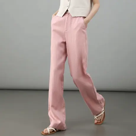 樱花粉亚麻阔腿裤女夏季薄款垂感天丝女裤宽松休闲直筒裤冰丝长裤图片
