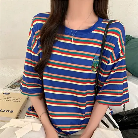 2025年美式复古刺绣设计感宽松短袖T恤女胖MM休闲条纹半袖上衣夏图片