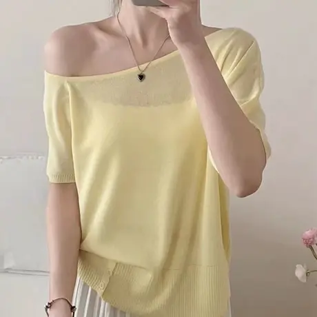 设计感斜肩针织短袖t恤女2025新款夏季薄款宽松显瘦打底上衣小衫商品大图
