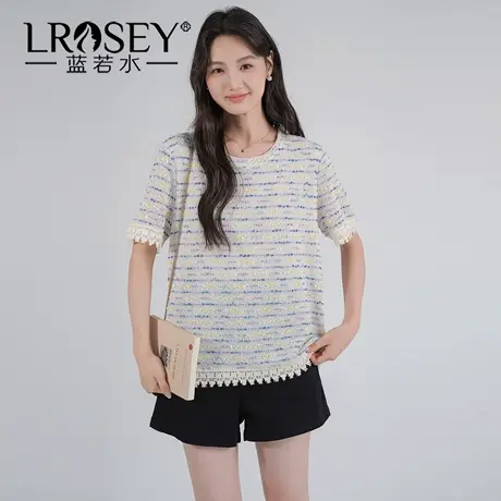 蓝若水大码女装2025夏季新品彩色条纹镂空T恤胖MM小香风流苏上衣商品大图