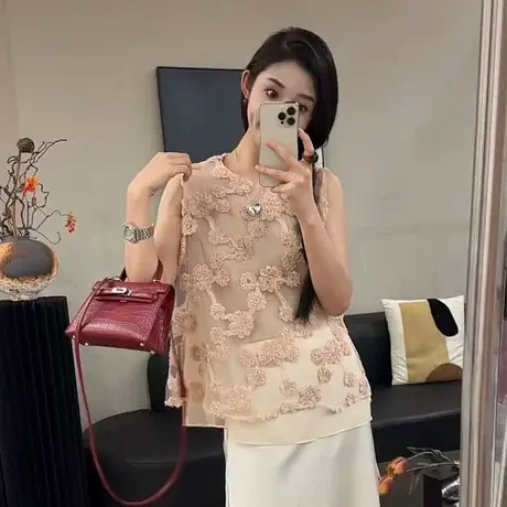 重工网纱刺绣立体花朵2025夏季新款时髦无袖马甲上衣衬衫背心女图片
