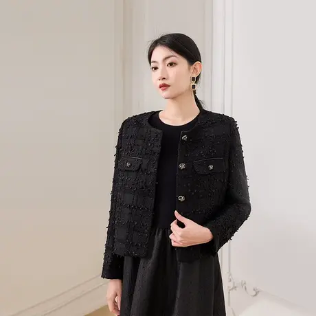 希区瑞普2025精致高级感小香风外套短款黑色圆领粗花呢时尚通勤商品大图