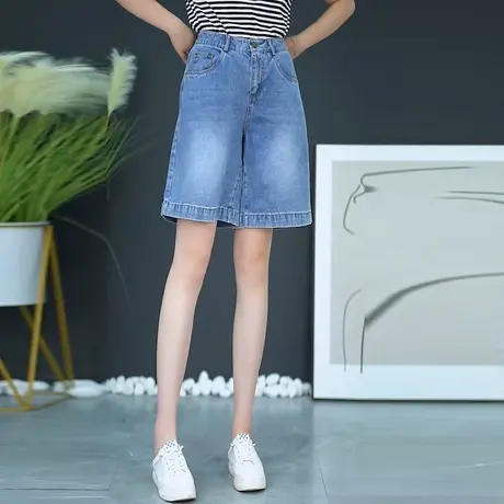 磨白窄版软牛仔直筒短裤女夏季薄款高腰显瘦五分裤时尚阔腿中裤子商品大图