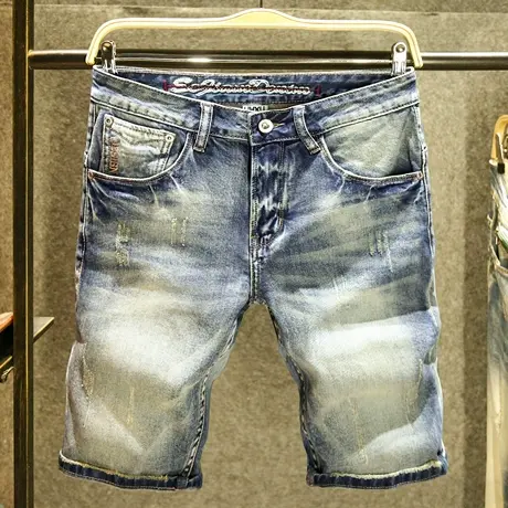 复古怀旧牛仔短裤男夏季薄款宽松直筒五分裤潮流水洗耐磨弹力马裤图片