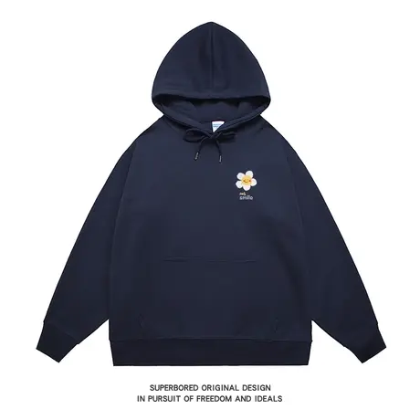 小众简约设计感简约小花朵印花黑色连帽卫衣男2023秋季宽松长袖男商品大图