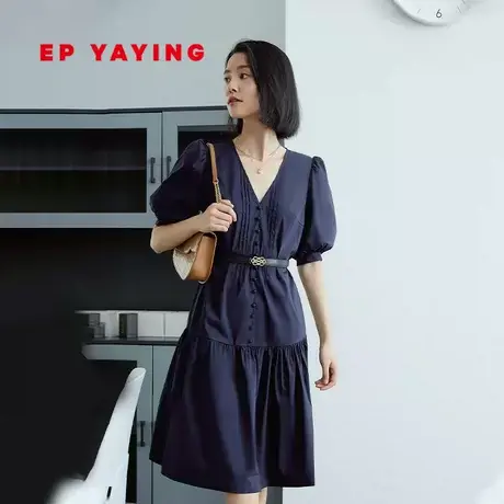 EP YAYING雅莹女装 泡泡袖V领藏青色连衣裙 2023秋装新款4629C图片