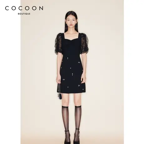 COCOON商场同款黑色网纱连衣裙女2023秋季新款裙子23203BF022032商品大图