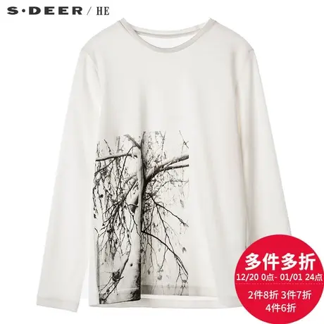 sdeerhe圣迪奥素白枝条印花套头圆领短款纯棉长袖T恤H15470246图片
