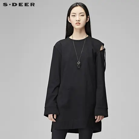sdeer圣迪奥时尚酷感开衩底摆性感露肩飘带装饰长袖T恤S17480238图片