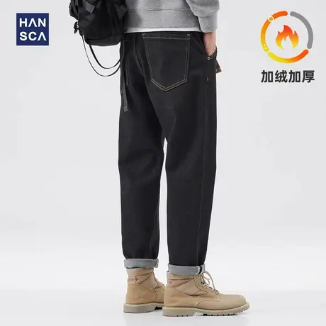hansca黑色牛仔长裤男加绒2025春秋款直筒宽松搭配马丁靴的裤子男商品大图