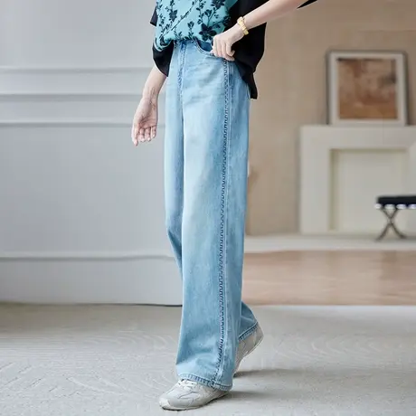 宝诗黎烫钻拼接阔腿蓝色牛仔裤女2025夏季宽松百搭休闲直筒长裤子图片