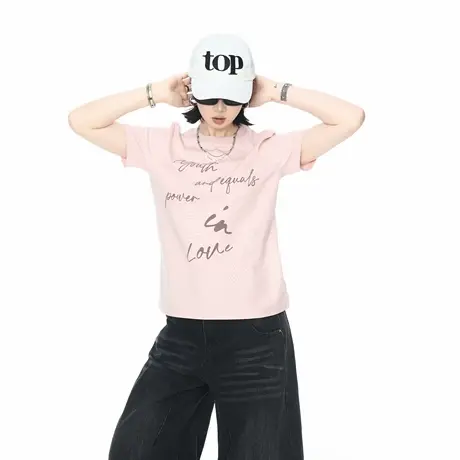 2025夏季新款正肩短袖T恤女发泡印花潮酷辣妹风修身短款半袖上衣图片