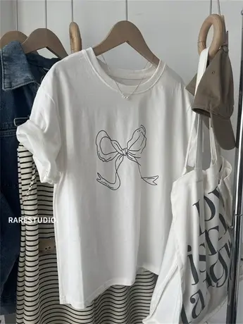 韩国春夏新款手绘蝴蝶结洋气简约百搭正肩纯棉短袖白色T恤休闲女商品大图