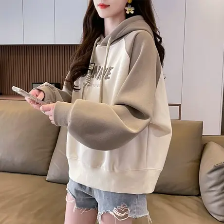 连帽卫衣女秋冬季韩版宽松加绒加厚初中生学生百搭拼色小个子外套图片