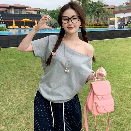 韩系chic甜辣一字斜肩短袖T恤女夏季宽松韩版纯欲性感露肩上衣潮商品大图