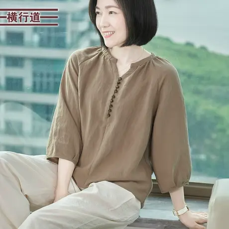 宽松法式亚麻七分袖衬衫纯色简约休闲衬衣大码女装上衣服2025春装商品大图