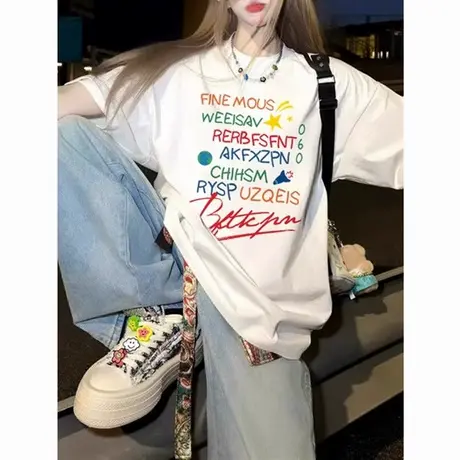 NR真维斯白色纯棉短袖t恤女夏季新款宽松百搭字母印花别致上衣潮商品大图