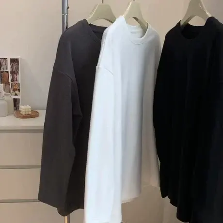 2023秋冬内搭叠穿磨毛白色T恤女外穿长袖德绒圆领套头宽松打底衫商品大图