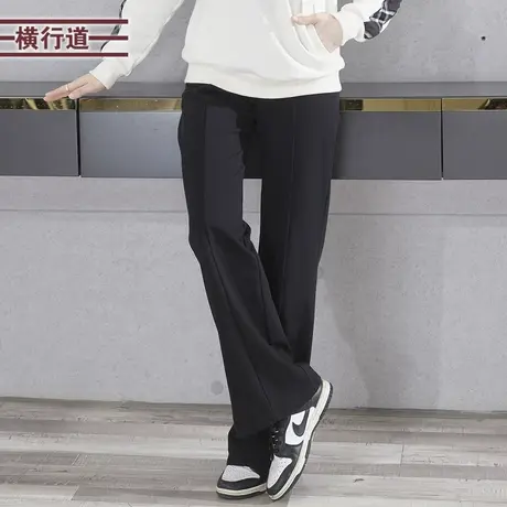 休闲抽绳阔腿长裤2025新款宽松简约纯色裤脚开叉显瘦黑色松紧腰女图片