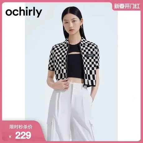 ochirly欧时力针织开衫女新款夏装polo短袖棋盘格小个子复古时尚图片