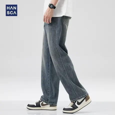 hansca美式复古水洗潮牌牛仔裤男春秋季直筒宽松大码阔腿休闲长裤商品大图