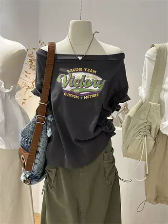 露肩t恤女夏季一字肩性感辣妹中短款 宽松印花体恤设计感短袖上衣商品大图