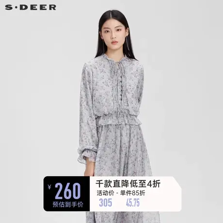 sdeer圣迪奥女装木耳边系带碎花泡泡袖衬衫S231Z0557❔商品大图