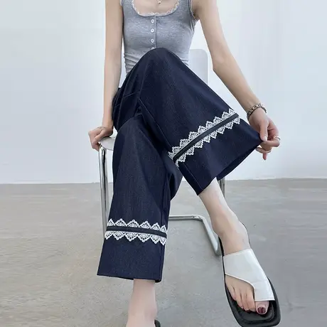 莱赛尔天丝九分休闲裤女夏季薄款小个子八分蕾丝花边直筒阔腿裤子商品大图