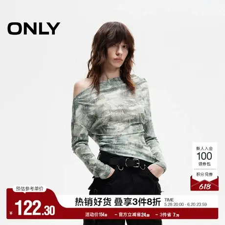 ONLY2025春季新款个性优雅修身斜裁荡领数码满印满印长袖T恤女图片