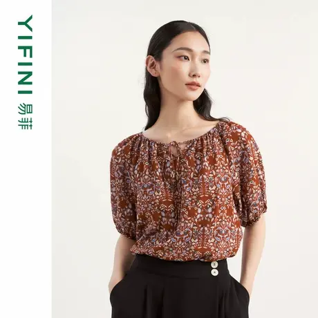 Yifini/易菲纯棉捏褶圆领系带印花宽松短款套头衫女上衣小衫夏新商品大图