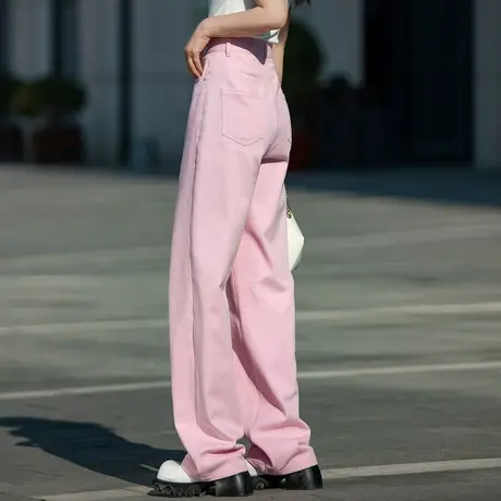 浅粉色阔腿牛仔裤女2025新款爆款宽松高腰直筒裤夏季薄款休闲长裤图片
