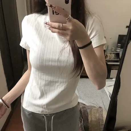 白色正肩短袖T恤女夏季修身内搭韩版打底衫chic甜辣半袖上衣ins潮商品大图