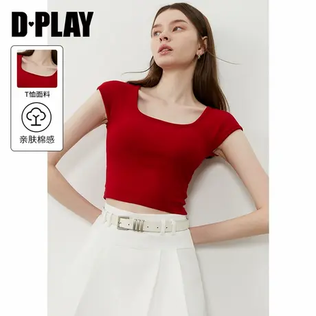 DPLAY2025年夏季新款红色t恤女独特方领含胸垫短款修身上衣短袖商品大图