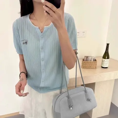 薄款2025新款圆领刺绣针织开衫短袖t恤女小个子撞色洋气百搭上衣图片