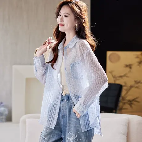 宝诗黎翻领烫钻镂空防晒衬衫2025夏季韩系简约休闲百搭雪纺衬衣女图片
