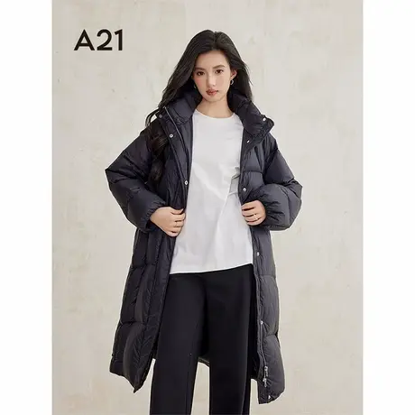 A21女装长款黑色羽绒服2024冬季新款韩版设计感连帽过膝鸭绒套外商品大图