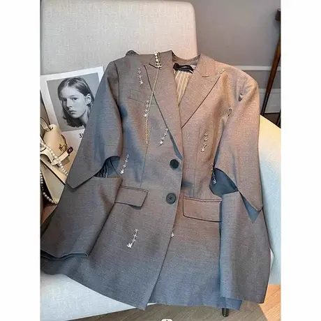 爵莱菲高级感重工钉钻精致灰色大码西装外套女法式复古小西服商品大图