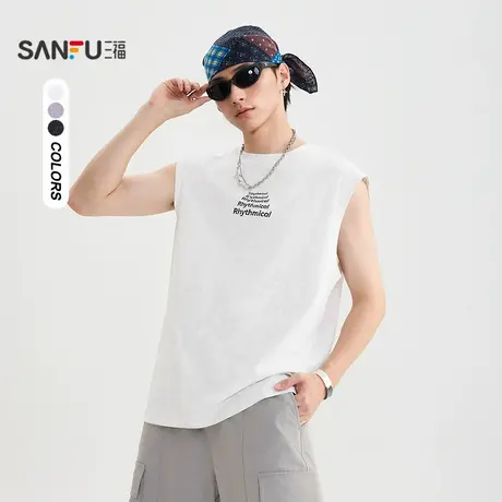 三福2025夏季男士横排字母背心 街头休闲宽肩圆领上衣504044商品大图