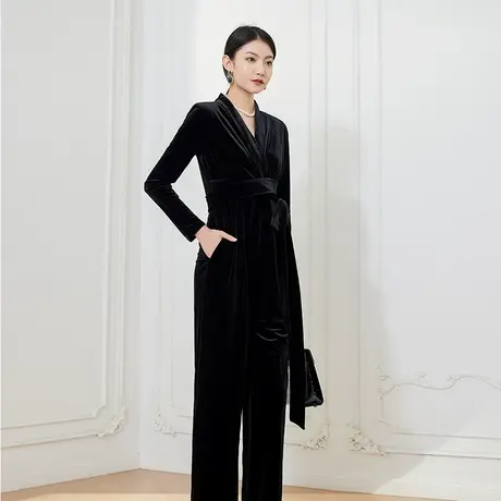 希区瑞普时尚设计感秋冬新款气质绑带收腰阔腿显瘦纯色丝绒连体裤图片
