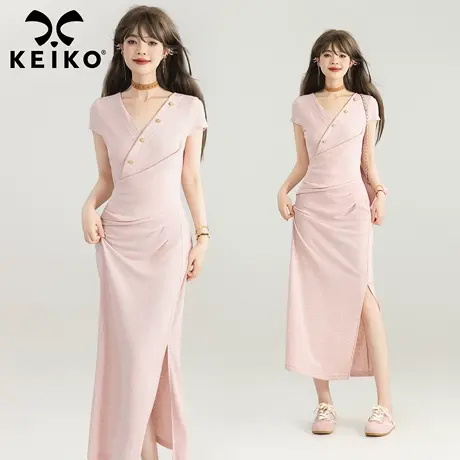 KEIKO 简约轻熟风交叠V领连衣裙新款温柔气质风收腰开叉包臀长裙商品大图